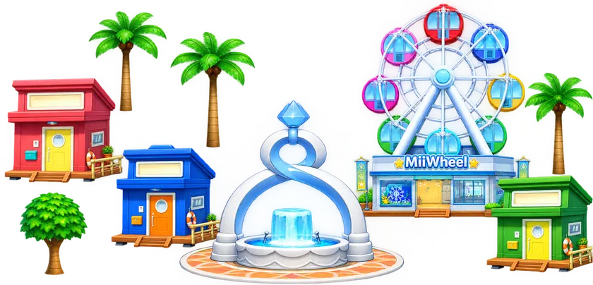 Island pieces to place: coloured houses, palm trees, a fountain and the Mii Wheel