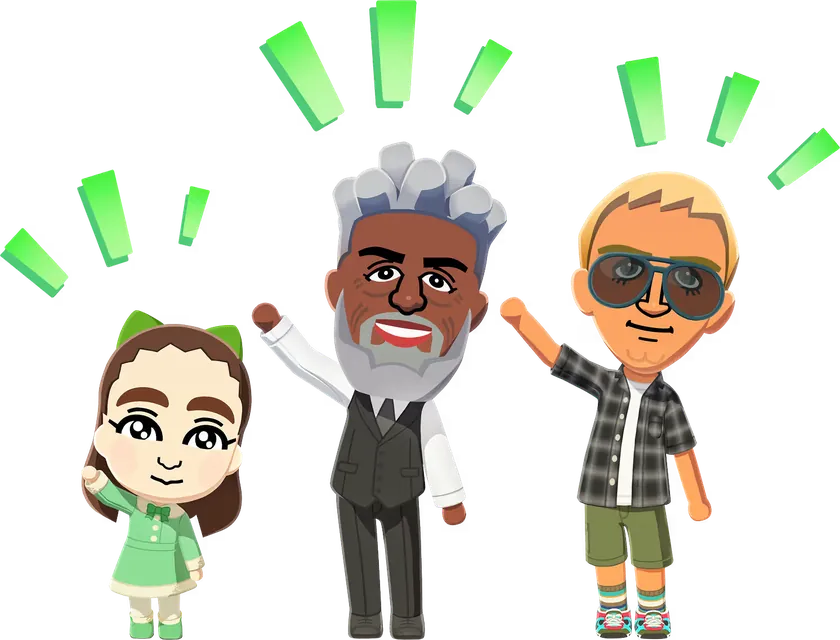 Three Mii characters cheering, with green exclamation marks above their heads